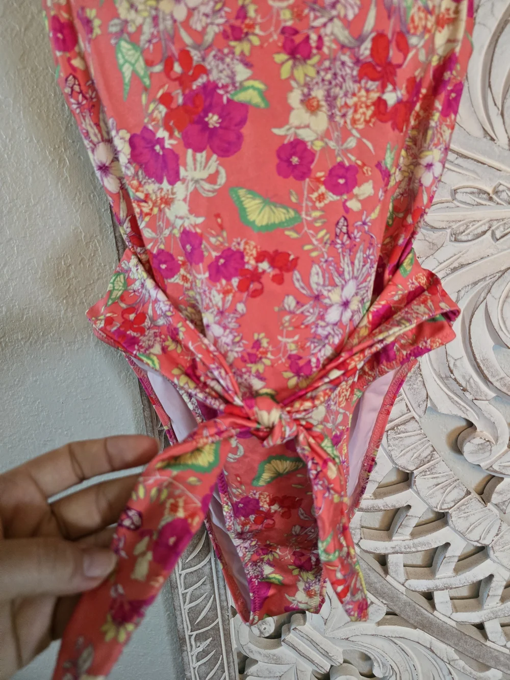 Victoria's Secret Women's Coral Pink Floral One Piece Tie Front Swimsuit S